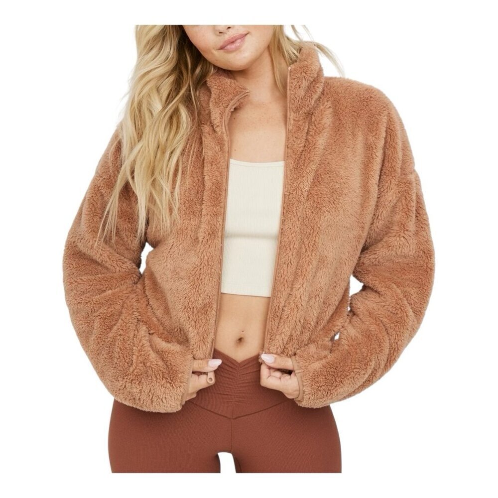 Offline By Aerie Fluffy Sherpa Cropped Full Zip Sweatshirt Jacket XS Tan Brown